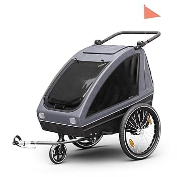 KLAR FIT GoKiddo Carrello per Bici - 2-in-1 Rimorchio Bicicletta & Passeggino con Freni, Cinture di Sicurezza, Sedili Regolabili, 40kg di capacità, Protezione Pioggia & UV, Pieghevole, Grigio Scuro
