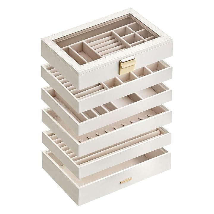 SONGMICS SONGMICS Scatola Portagioie con 6 Vassoi Impilabili, Porta Gioielli Capiente, Coperchio in Vetro Chiaro, 17 x 28 x 25,3 cm, per Cassetto Toeletta, Idea Regalo, Bianco Nuvola JBC195W01