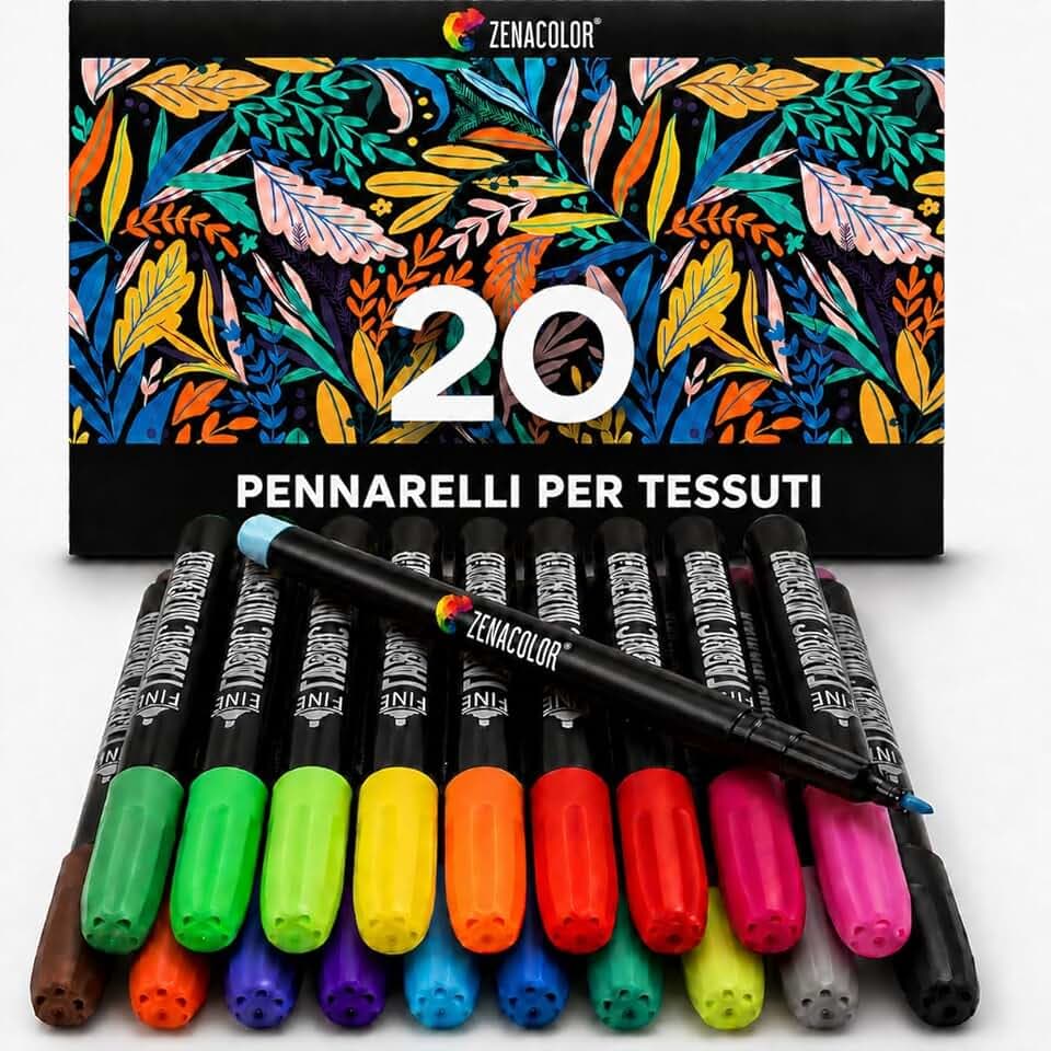 Zenacolor 20 Pennarelli per Tessuti e Stoffa - Colori per Tessuti Atossici, Indelebili e Permanenti a Punta Fine - Ideali per Magliette, Borse in Stoffa e altri Tessuti - Per Bambini e Adulti