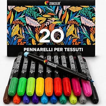 Zenacolor 20 Pennarelli per Tessuti e Stoffa - Colori per Tessuti Atossici, Indelebili e Permanenti a Punta Fine - Ideali per Magliette, Borse in Stoffa e altri Tessuti - Per Bambini e Adulti