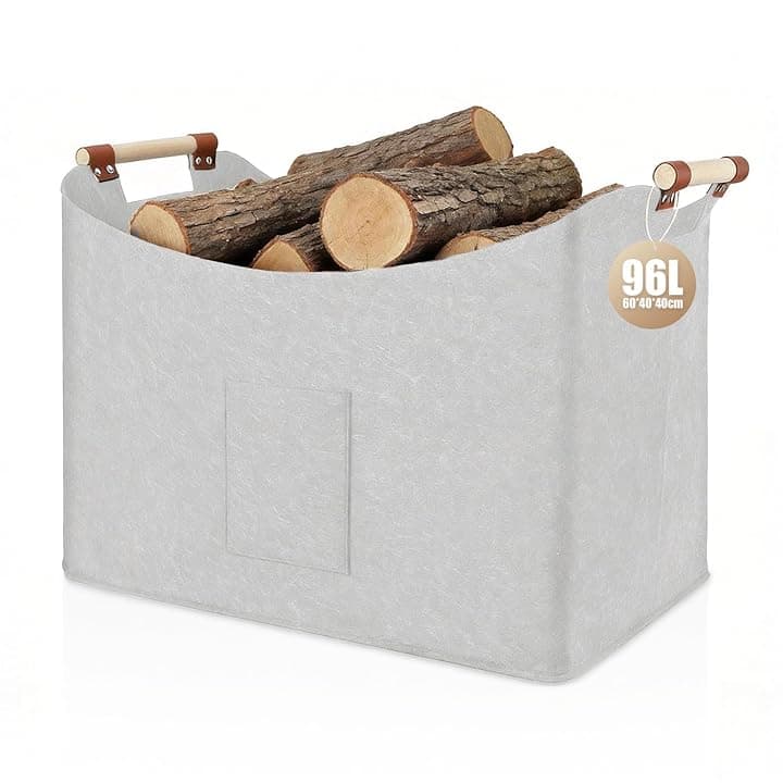 Cestino in Feltro 96L, Cesto per Legna, Cestino pieghevole per legna da ardere, in feltro extra spesso, manico rinforzato, per shopping, legno, giornali (1 Confezione - Grigio Chiaro)