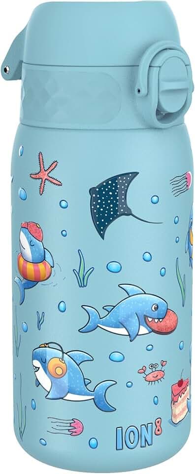 Ion8 Borraccia Inox Leggero per Bambini, 400ml, Non Isolato, a Prova di Perdite, Facile da Aprire, Serratura Sicura, Lavabile in Lavastoviglie, Facile Pulizia, Durevole e Antigraffio, Squali ClimatePartner certified