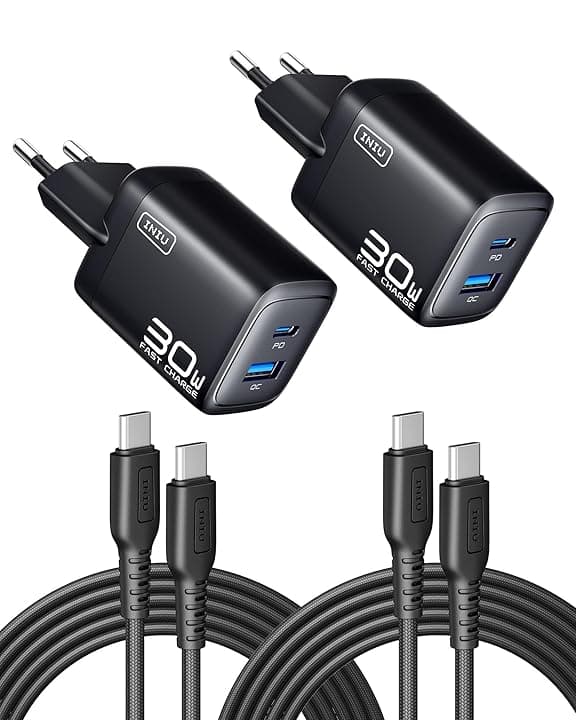 INIU Caricatore USB C, 30W GaN Caricatore Rapido e Multiplo con Cavo 60W, 2-Pezzi Presa di Ricarica con Protezione Intelligente per iPhone 17 16 Pro Max MacBook Air Samsung S26 S25 Xiaomi Google Pixel
