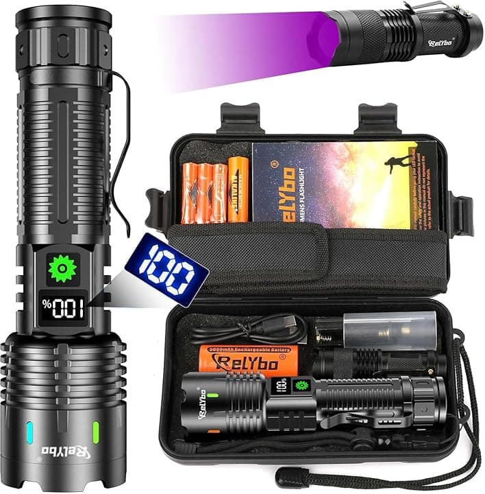 Relybo Torcia LED Potente Professionale, 1000000 Lumens Torcia LED Ricaricabile USB, XHM88 Torce LED Alta Potenza Ricaricabili, Torcia Tattica Militare Per Emergenza Regalo Trekking Campeggio ClimeCo Certified