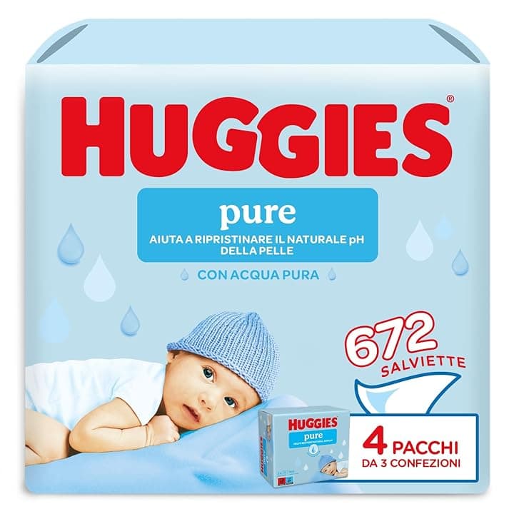 Huggies Pure, Salviette neonato, 99% acqua pura, 65% fibre assorbenti naturali, 672 Pz (12 x 56)