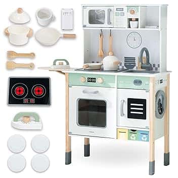 Mamabrum Cucina Interattiva in Legno – Montessori 3+ – Suoni & Luci, Altezza Regolabile, Forno, Microonde, Lavastoviglie e Lavatrice, Set Completo