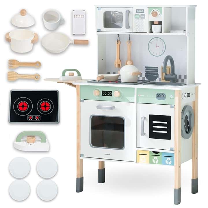 Mamabrum Cucina Interattiva in Legno – Montessori 3+ – Suoni & Luci, Altezza Regolabile, Forno, Microonde, Lavastoviglie e Lavatrice, Set Completo