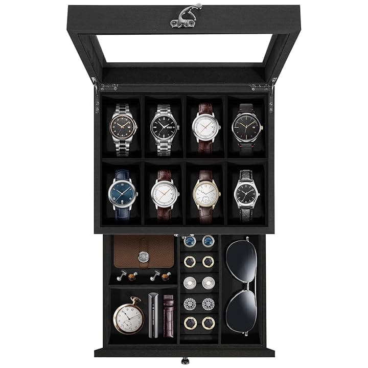 Uten Uten Scatola Porta Orologi a 8 Scomparti, 2 Livelli Porta Orologi Legno, Coperchio in Vetro, Cuscino di Seta, Fodera Nero, Idea Regalo, Catola Portagioielli per Orologi Uomo e Donna