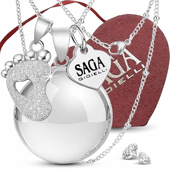 SAGA GIOIELLI Collana Chiama Angeli Gravidanza Lunga con Ciondolo Richiamo Degli Angeli Gravidanza, Idee Regali per Donne Incinte come Porta Fortuna, Regalo per Futura Mamma (Piedino Cristalli)
