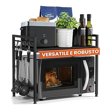 Mensola MobileCucina Salvaspazio Acciaio (2 Ripiani) | Organizer Forno Mobiletto Scaffali | Supporto Microonde Regolabile + Video Guida, Ganci β Nero