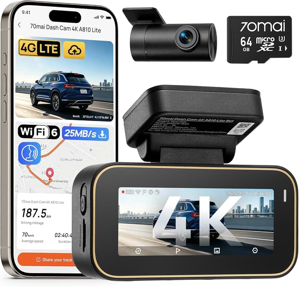 70mai A810 Lite Dash Cam Auto 4K HDR +1080P, Doppia Telecamera Auto GPS Global Recycled Standard
