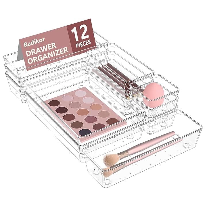 Radikor Organizer Cassetti 12 Pezzi, Contenitori per cassetti in Plastica Trasparente di 4 Dimensioni, Divisori per Cassetti Impilabili per Bagno, Cucina, Trucchi