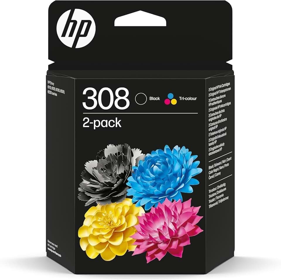 HP 308 Nero e Tricromia, 6L6S6UE, Confezione da 2 Cartucce Originali da 280 Pagine, Compatibili con Stampanti Envy 6110e, 6120e, 6122e, 6130e, 6132e, 6520e, 6530e, 6532e