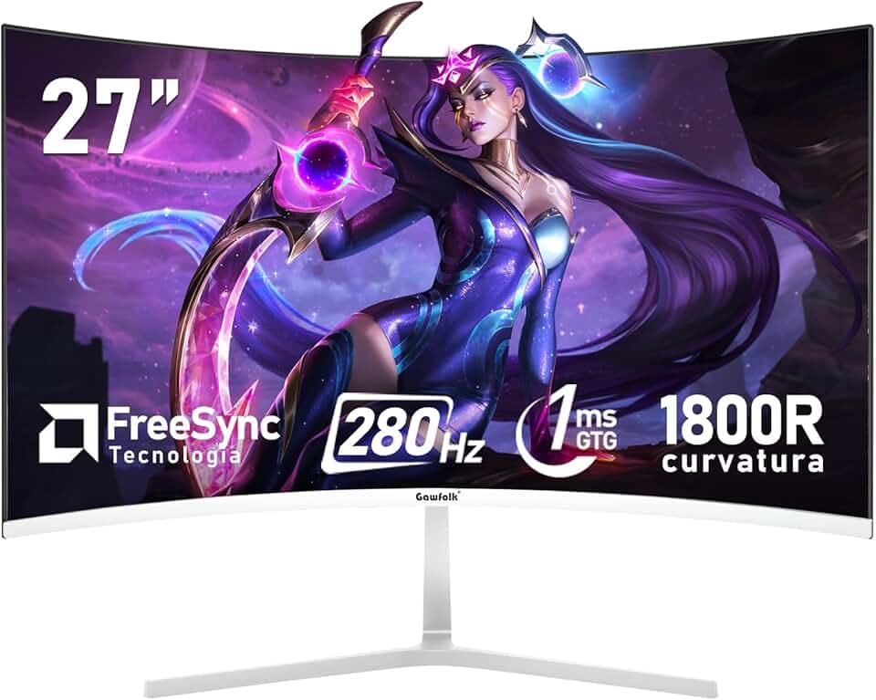 Gawfolk 27 pollici 280Hz curvo monitor per computer da gioco, 1800R,FHD 1080P, 98% sRGB, 1ms,FreeSync,178 ° grandangolo,HDMI、DisplayPort,Compatibile con il montaggio a parete 100 * 100mm - bianco