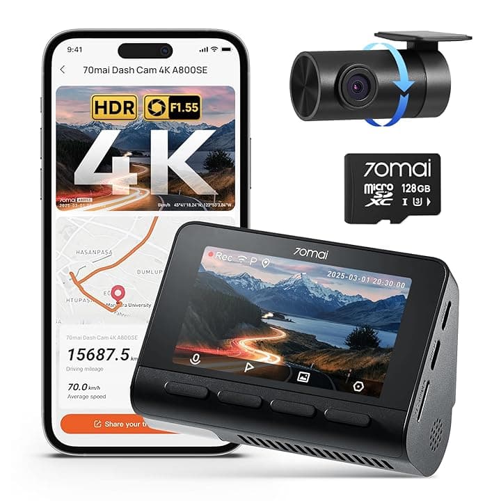 70mai A800SE Dashcam 4K+1080P GPS WiFi, Doppia Telecamera Auto Fronte/Retro con SD 128GB, F1.55, HDR, Visione Notturna, ADAS, Schermo 3", Parcheggio 24/7, Supporta fino a 512GB Global Recycled Standard