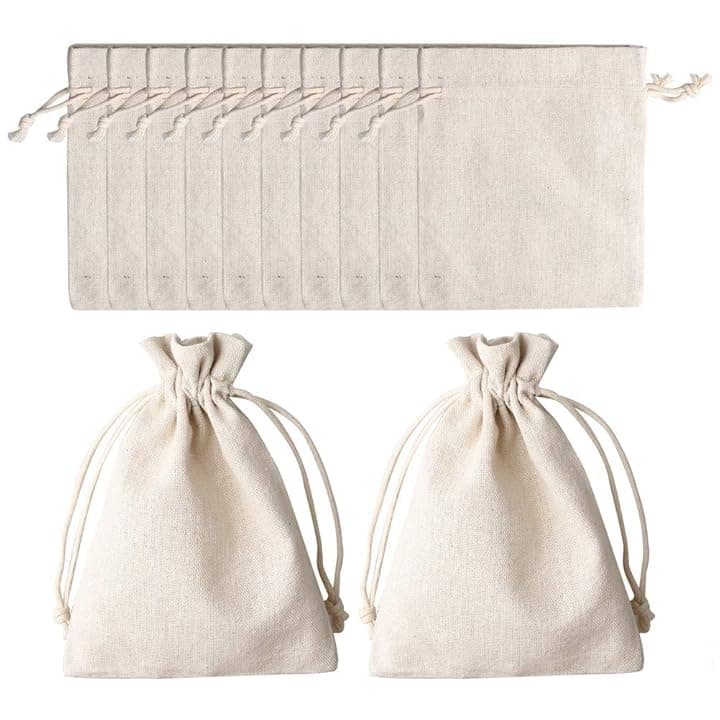 nuoshen Set di 12 sacchetti in cotone con cordino di serraggio, 12 x 17 cm, sacchetti riutilizzabili in iuta, sacchetto regalo con cordino per gioielli, trucchi, monete, spezie, artigianato (Beige), cotone,