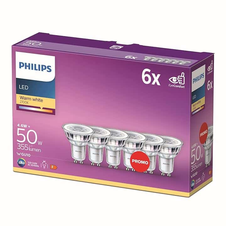 Philips LED, Faretto, 6 pz, equivalente a 50W, attacco GU10, Luce Bianca Calda