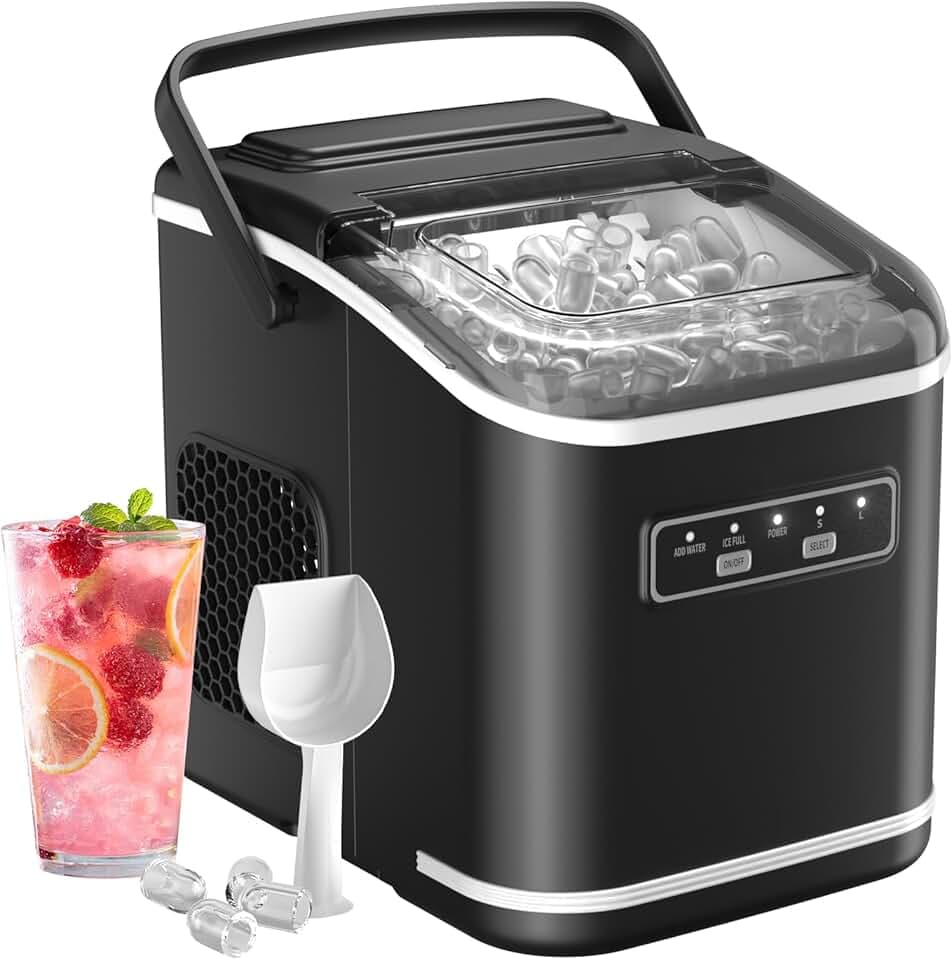 Macchina Ghiaccio 12kg/24h, Autopulente Macchina per il Ghiaccio Casa 1,5L, Silenzioso, 9 Cubetti in 6 Minuti, Ice Maker con Maniglia/Paletta/Cestello, Nero