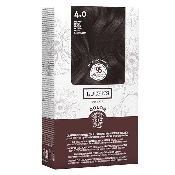 Lucens Umbria - 4.0 Castano, Tinta per Capelli Senza Ammoniaca, Kit Colorazione Permanente Vegan con Estratti Naturali, Azione Lenitiva, Idratante e Protettiva