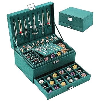 Withosent Withosent Porta Gioielli Donna 3 Livelli, Cofanetto Portagioie Scatola Porta Gioielli da Viaggio con Serrature, Grande Scatola Organizer per Anelli Bracciali Orecchini Collane (Verde Scuro)