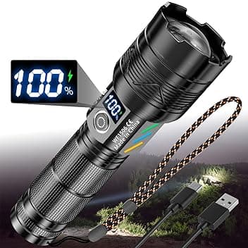WholeFire Torcia LED ricaricabile, torcia LED estremamente luminosa 30000 lumen, torcia ricaricabile a batteria, IP65, impermeabile con 5 modalità di illuminazione, zoomabile per campeggio emergenze