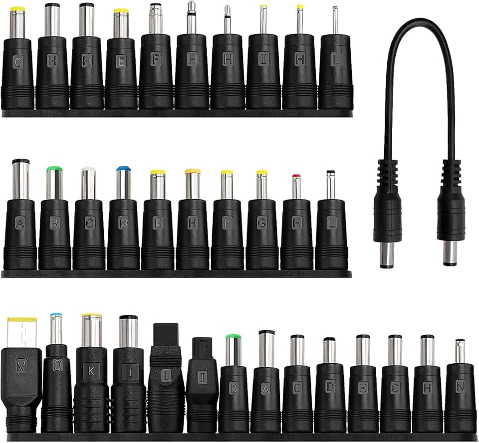 34 Pezzi Adattatore di Alimentazione DC Universale, 5.5x2.1 mm Femmina a Maschio Adattatore Jack Connettore, DC Barrel Connettore Tips con 1 Pezzi Cavo, per Ventilatori, Router