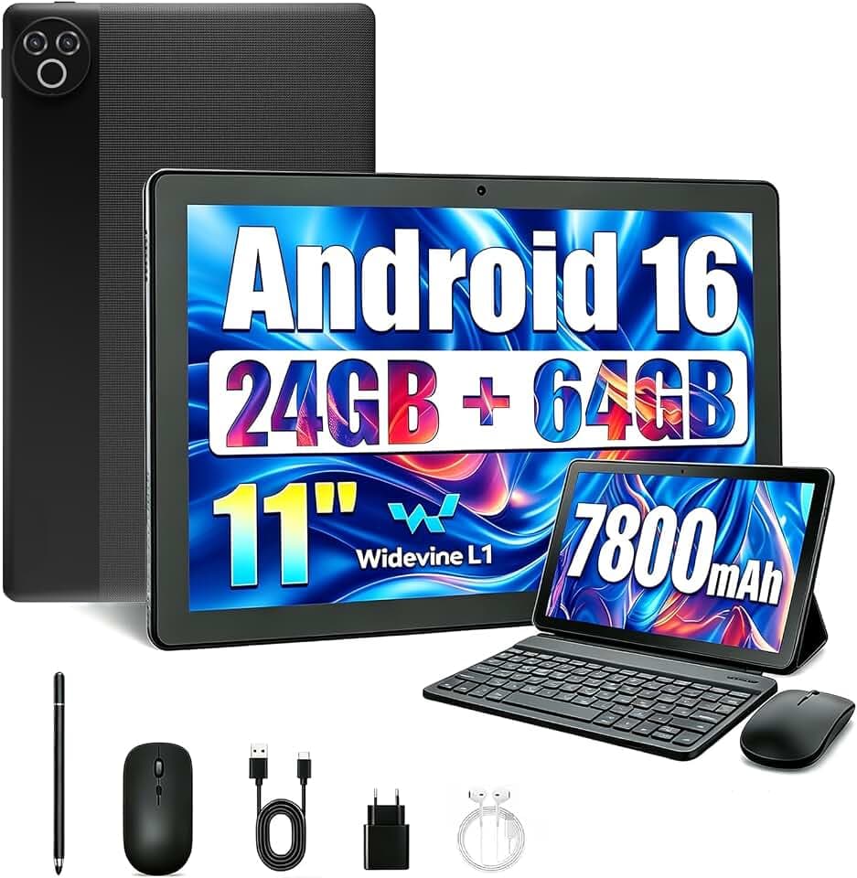Tablet 11 Pollici Android 16 Tablet PC da 24 GB RAM 64 GB ROM 1 TB TF Espandibile IPS 1280x800 Batteria 7800 mAh Wi-Fi 6 BT 5.4 Custodia Tastiera Mouse Penna Cuffie (Nero)