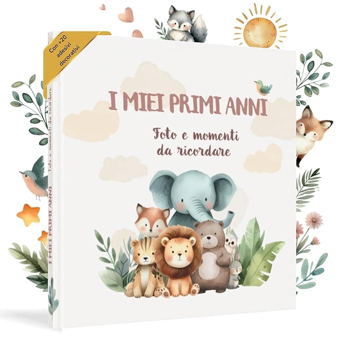 HuBorns - Album Nascita Bambina e Bambino per Incollare Foto e Scritte con +50 Pagine e Adesivi, Album Fotografico Neonato per il Primo Anno fino a 5 Anni, Ideale per Regalo Nascita (Amici, Italiano)