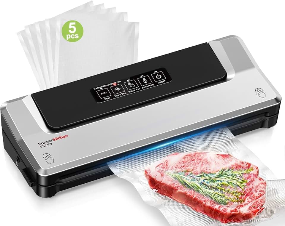Bonsenkitchen Macchina Sottovuoto per Alimenti 4 in 1 - Macchina Sottovuoto per La Cottura Sottovuoto e La Conservazione di Alimenti Freschi, Con Modalità Vuoto Esterno, con 5 sacchetti sottovuoto ISCC PLUS