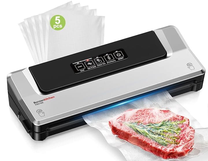 Bonsenkitchen Macchina Sottovuoto per Alimenti 4 in 1 - Macchina Sottovuoto per La Cottura Sottovuoto e La Conservazione di Alimenti Freschi, Con Modalità Vuoto Esterno, con 5 sacchetti sottovuoto ISCC PLUS