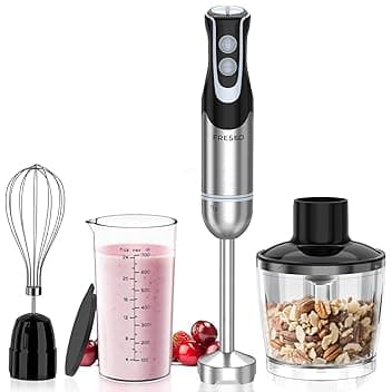 FRESKO Frullatore a Immersione 4-in-1, 1000 W Minipimer Immersione in 304 Acciaio Inossidabile, con 12 Velocità e Modalità Turbo, Antispruzzo Design, Include Misurino, Tritatutto e Frusta (HB3302) ISCC PLUS
