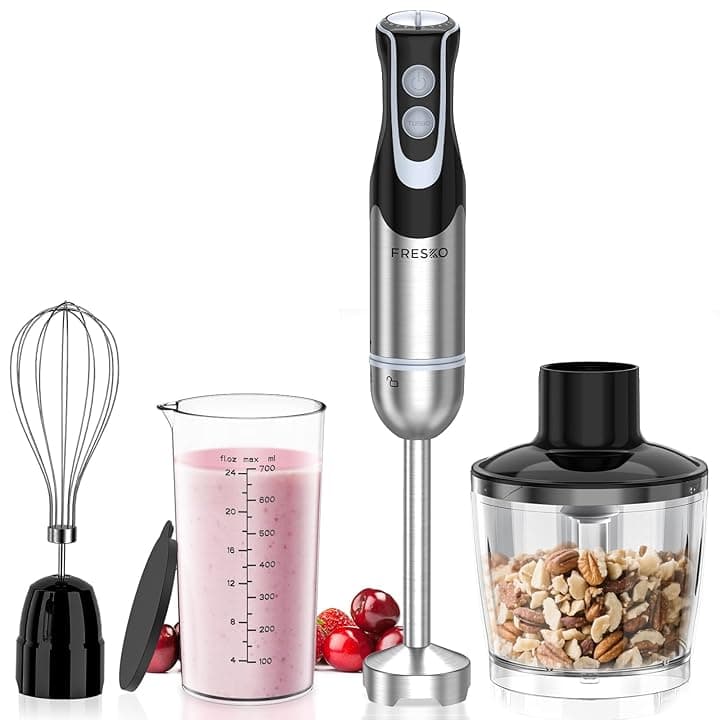FRESKO Frullatore a Immersione 4-in-1, 1000 W Minipimer Immersione in 304 Acciaio Inossidabile, con 12 Velocità e Modalità Turbo, Antispruzzo Design, Include Misurino, Tritatutto e Frusta (HB3302) ISCC PLUS