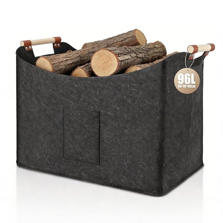 Cestino in Feltro 96L, Cesto per Legna, Cestino pieghevole per legna da ardere, in feltro extra spesso, manico rinforzato, per shopping, legno, giornali (1 Confezione - Grigio Scuro)
