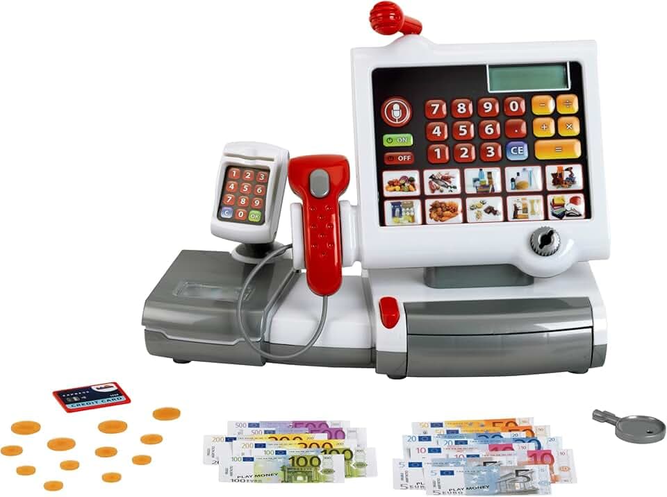 Theo Klein 9356 Cassa giocattolo, Con tastiera a membrana, funzione di calcolatrice, terminale per i pagamenti unitamente a Scanner e bilancia, Giocattolo per bambini a partire dai 3 anni di età