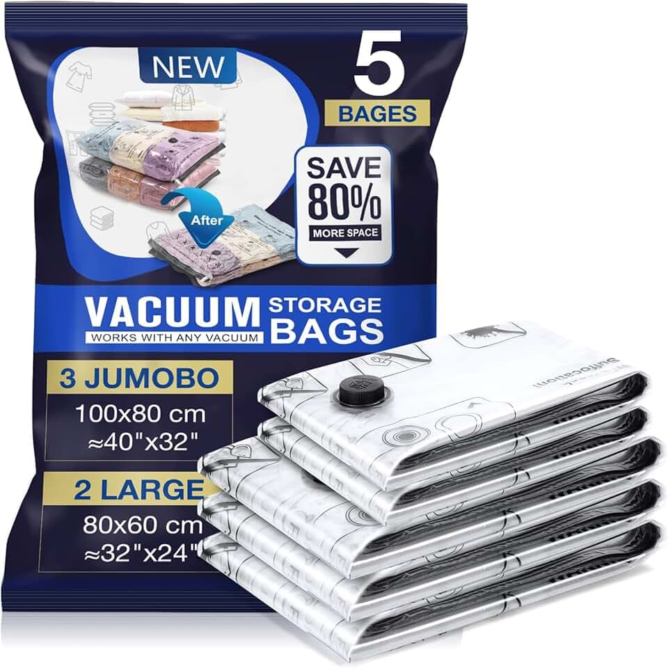 Accenter Sacchetti Sottovuoto Vestiti 5 Pezzi Sacchi Sottovuoto Piumoni 3XL 100x80cm 2L 80x60cm Buste Sottovuoto Vestiti Per contenere vestit, lenzuola, piumoni, cuscini e coperte Global Recycled Standard