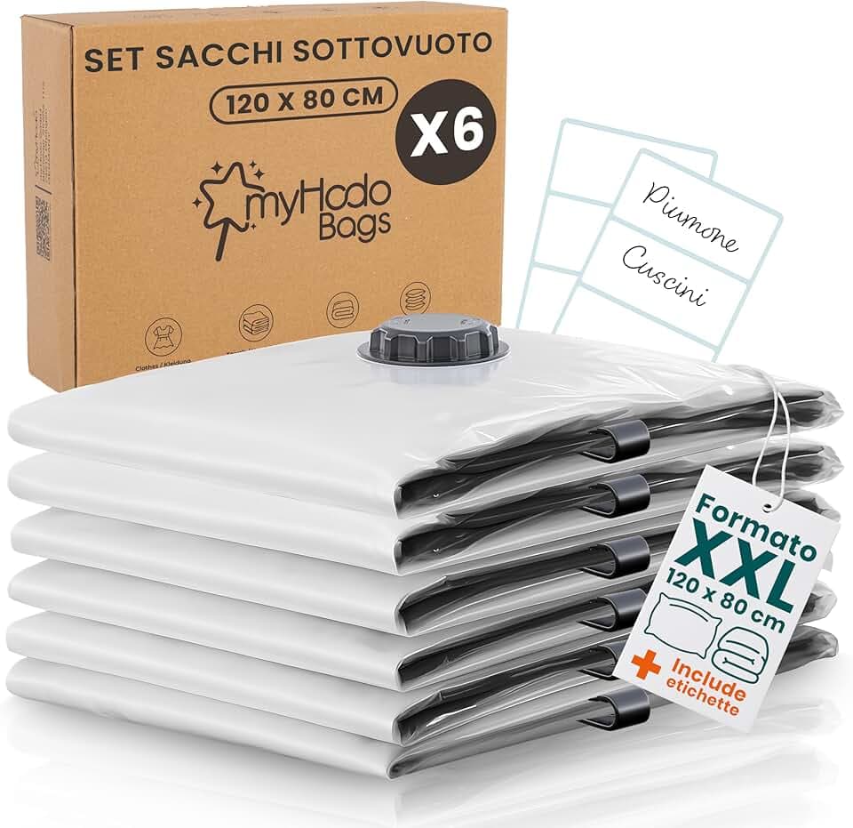 myHodo Sacchetti Sottovuoto XXL (6 Pezzi, 80x120 cm) – Extra Grandi Buste Salvaspazio Riutilizzabili per Piumoni, Coperte, Vestiti e Tessuti Voluminosi, Sacchi Durevoli con Doppia Chiusura Ermetica