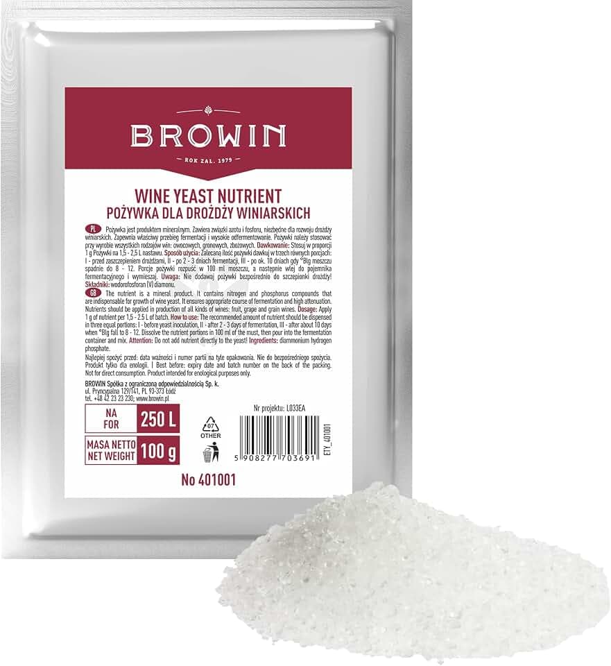 Browin 401001 Nutriente per lievito di vinificazione - 100 g - Universale - per Vino Bianco, Rosato e Rosso