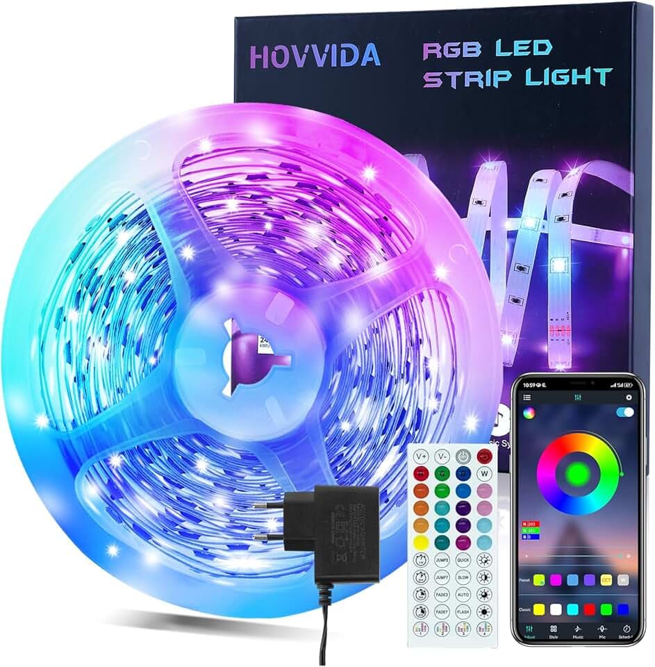 HOVVIDA Striscia LED 10m, 30 LED/Metro, 1x10m, 24V RGB LED, 300 LED, APP e Telecomando, Modalità Musica, LED per Camera, Soggiorno, Cucina, Camera da Letto, Bar, Festa Etichetta Energetica