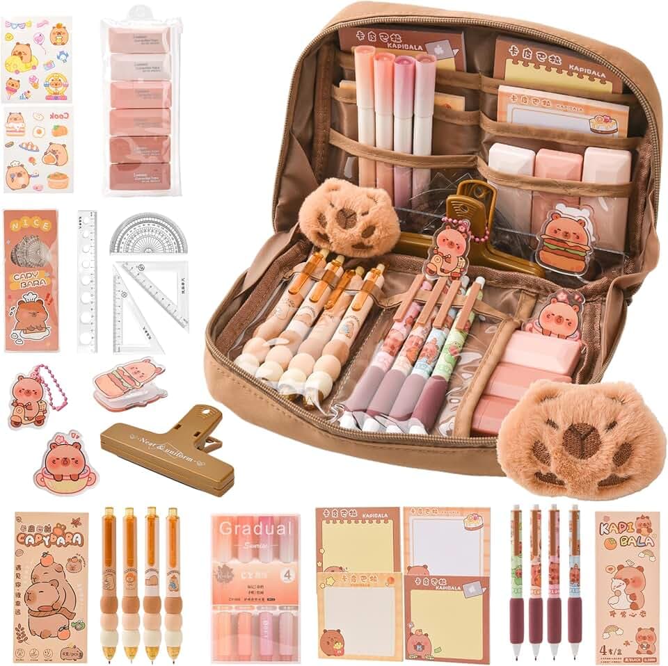 Capybara - Kit Scuola Capibara – Set Regalo Carino per Bambini & Studenti, Include Penne, Clip, Righelli – Organizzato per Scuola, Ufficio, Arte