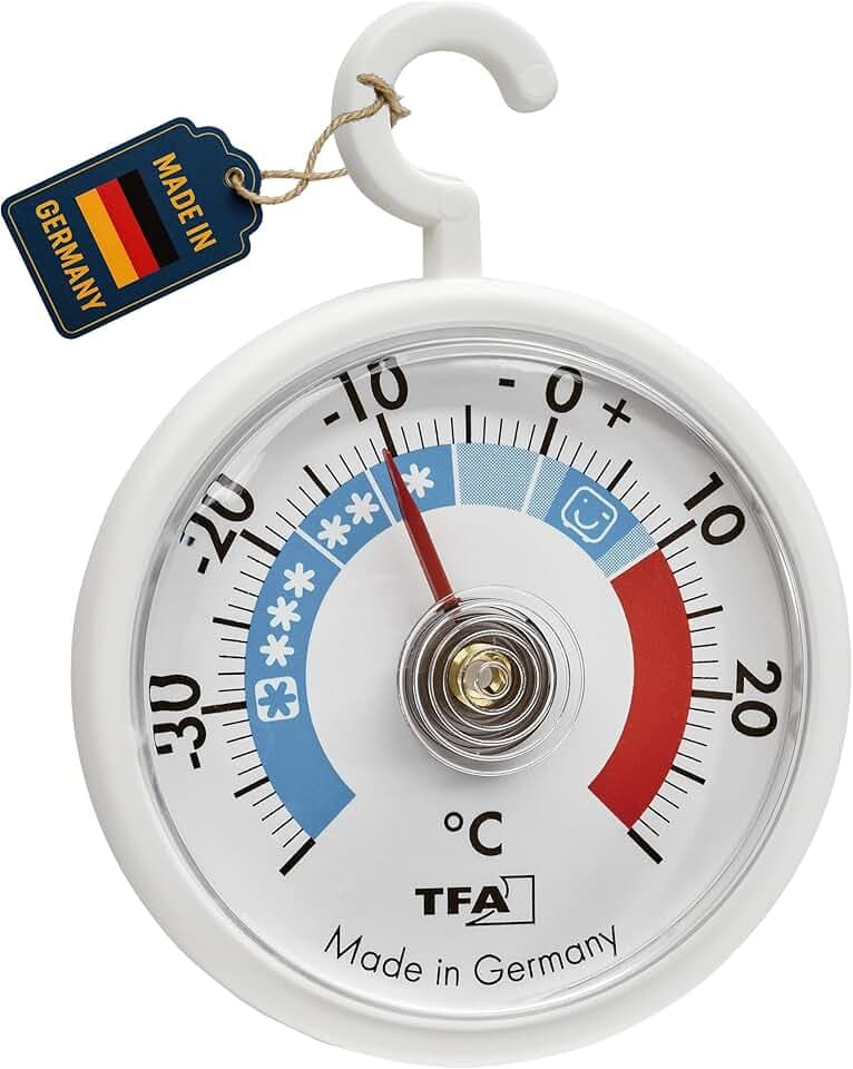 TFA Dostmann Termometro analogico da frigorifero con gancio, 14.4005, con zone di raffreddamento, congelatore e cella frigorifera per il controllo della temperatura, fino a -40 °C, bianco