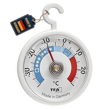 TFA Dostmann Termometro analogico da frigorifero con gancio, 14.4005, con zone di raffreddamento, congelatore e cella frigorifera per il controllo della temperatura, fino a -40 °C, bianco