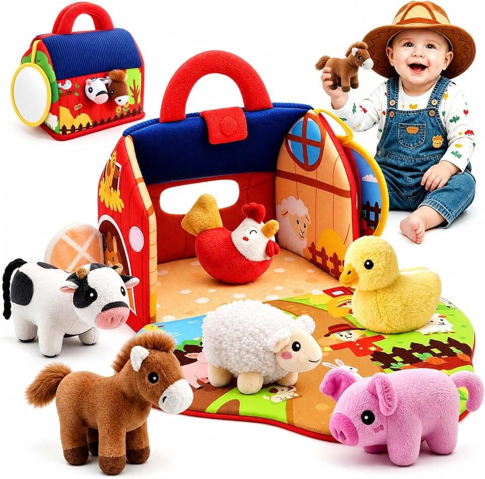 Giochi Bambini 1 Anno, Peluche Fattoria Animali Bambini Montessori Sensoriale Giochi Neonato 6-9 Mesi Regalo Bambina 1 Anno Animali Giocattolo per Bambino Giochi Montessori 6-12 Mesi Regalo Battesimo