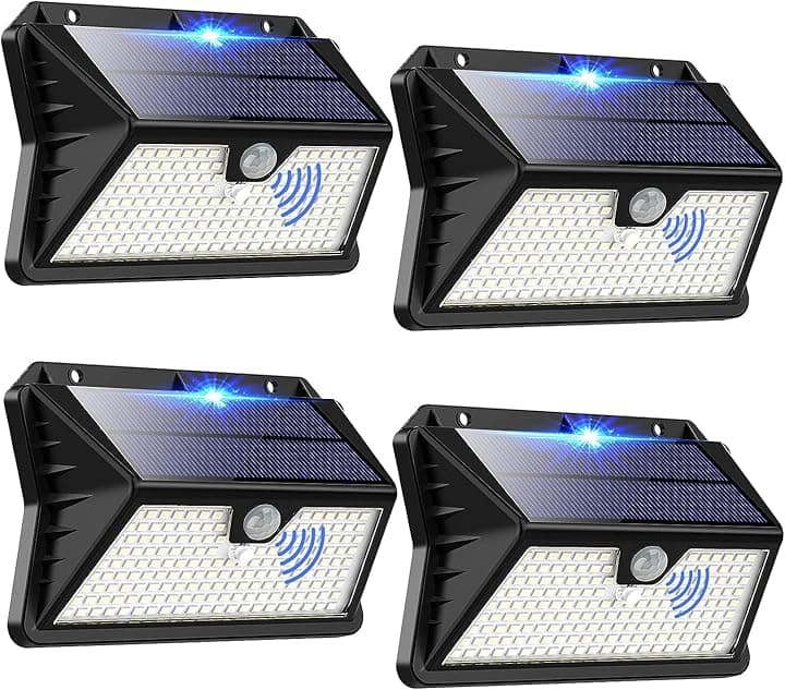 Faro LED Esterno con Pannello Solare, 4 Pezzi 185 LED 3 Modos Luce Solare LED Esterno con Sensore di Movimento, Lampada Solare da Esterno, IP65 Impermeabile LED Lampione per Giardino(Bianco Freddo)