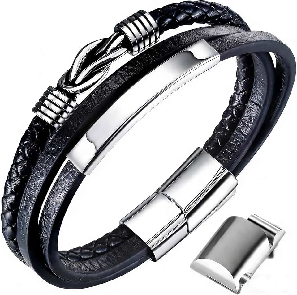 Gkmamrg Bracciale da uomo in pelle nera con cinturino in pelle Braccialetto intrecciata, in vera pelle intrecciata 22.5cm