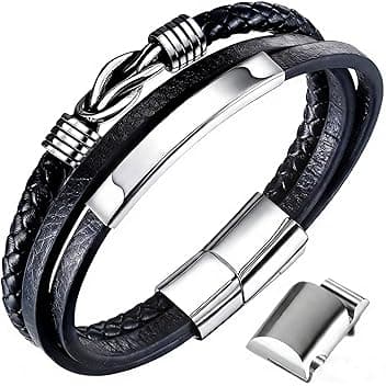 Gkmamrg Bracciale da uomo in pelle nera con cinturino in pelle Braccialetto intrecciata, in vera pelle intrecciata 22.5cm