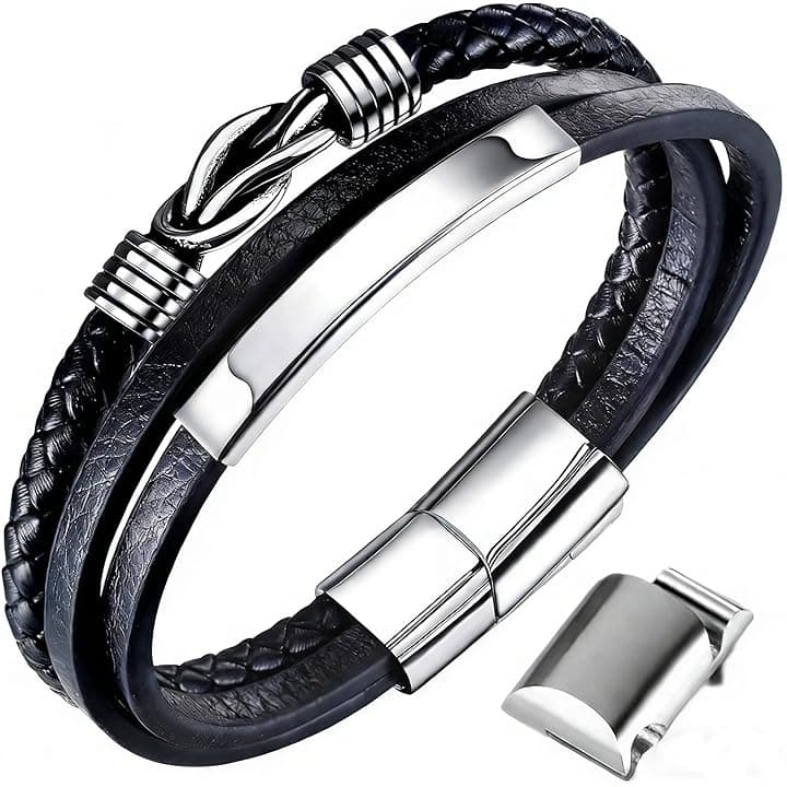 Gkmamrg Bracciale da uomo in pelle nera con cinturino in pelle Braccialetto intrecciata, in vera pelle intrecciata 22.5cm