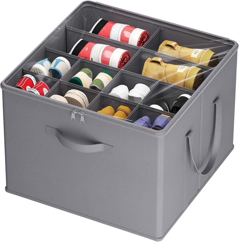 Lifewit Organizer Scarpe Armadio Pieghevole, Scatole per Scarpe Salvaspazio con Coperchio per 12-16 Paia, Shoes Organizer con Supporto Inferiore e Manici Rinforzati, Grigio Recycled Claim Standard 100