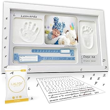 LALFOF® Cornice Impronta Mani e Piedi Neonati 7in1 Con Nome e Porta Oggetti. Cornice Impronte Neonato Personalizzabile (lista Nascita Bebè).Kit Impronte Mani e Piedi Neonato Dermatologicamente Testato