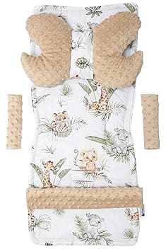 Medi Partners Riduttore Passeggino Universale Materassino Copri Neonato Cuscino - 5 elementi 78x35cm Copripasseggino Estivo per Neonati Cotone Minky (Safari con Minky beige)