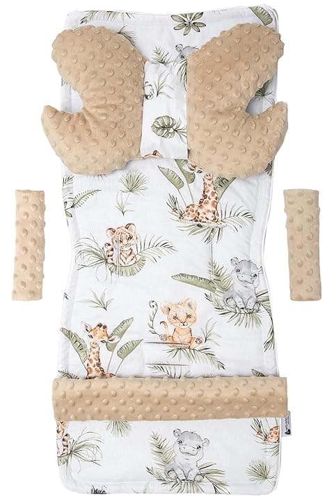 Medi Partners Riduttore Passeggino Universale Materassino Copri Neonato Cuscino - 5 elementi 78x35cm Copripasseggino Estivo per Neonati Cotone Minky (Safari con Minky beige)